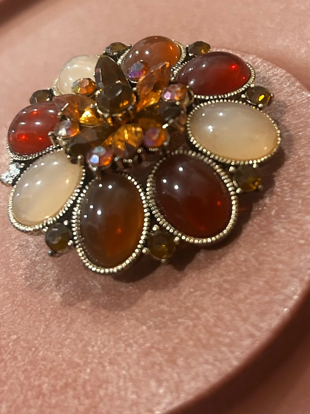 Vintage cabochon Flower Jelly Bean Rhinestone Convertible Brooch gold tone metal
